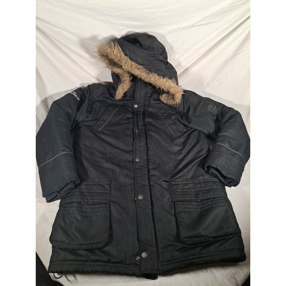 TIMBERLAND Womens L Faux Fur Trim Hooded Black Puffer Parka Jacket Coat Long